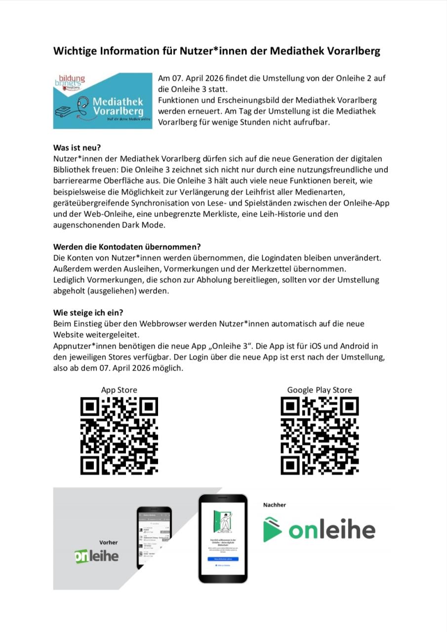 Wichtige Information für Nutzer*innen der Mediathek Vorarlberg
